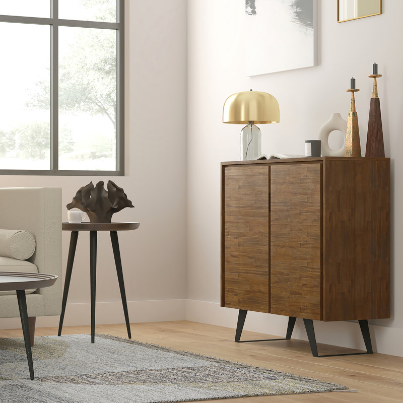Lowry 39"W Solid Acacia Wood Modern Industrial Medium Storage Cabinet with Adjustable Shelves and Metal Legs, 1 Piece