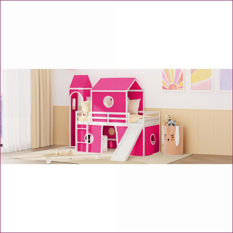 Twin Size Pinewood Loft Bed with Slide Tent &amp; Tower Pink No Box Spring Needed, Twin, Pink