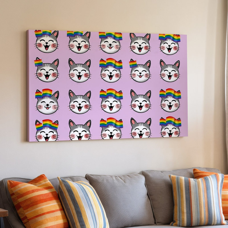La toile crée une illustration numérique vibrante et ludique mettant en vedette un art mural en forme de grille faisant face à des chats de chaque style