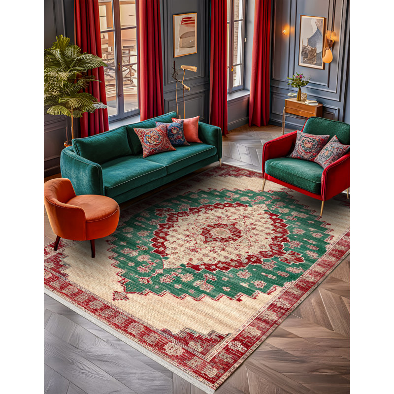 Otto Burgundy Green Beige Oriental Machine Printed Cotton Polyester Area Rug, Round 6'7"