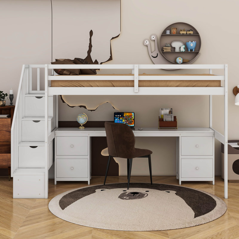 Structure de lit simple de taille mezzanine avec bureau intégré et double tiroir, Blanc