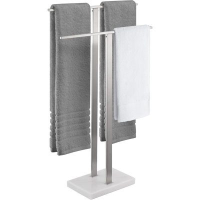 Porte-serviettes sur pied à 2 niveaux pour salle de bain, avec base en marbre massif et finition en acier inoxydable brossé.