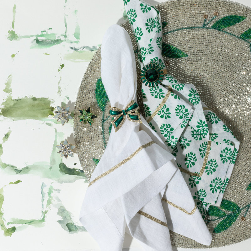 Enamel Bow Skinny Napkin Rings, Green/Shiny Gold