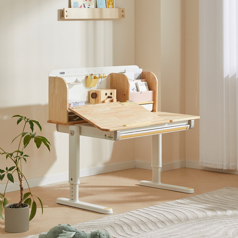 Solid Wood Teen Desk with Ergonomic Elbow Rest & Adjustable Shelf – 47.2” Extra-Wide Tilt Desktop, I-Beam Legs, White & Maple Finish