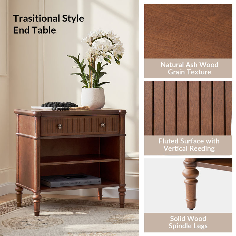 Hoai Transitional 26"W Fluted 1-Drawer Solid End Table with Built-In Charging Station, Brown