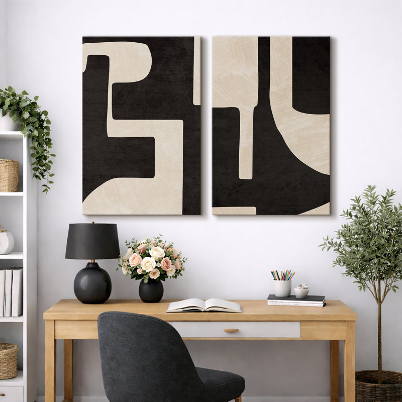 Mid Century Shape Black & Cream Geometric Paint Stroke Abstract Neutral Décor Framed Canvas 2 Pieces Print Wall Art
