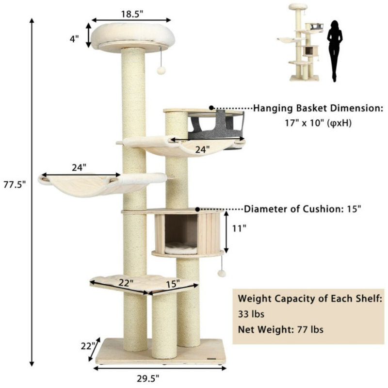 77.5 Inch Cat Tree Condo Multi-Level Kitten Activity Tower With Sisal Posts
