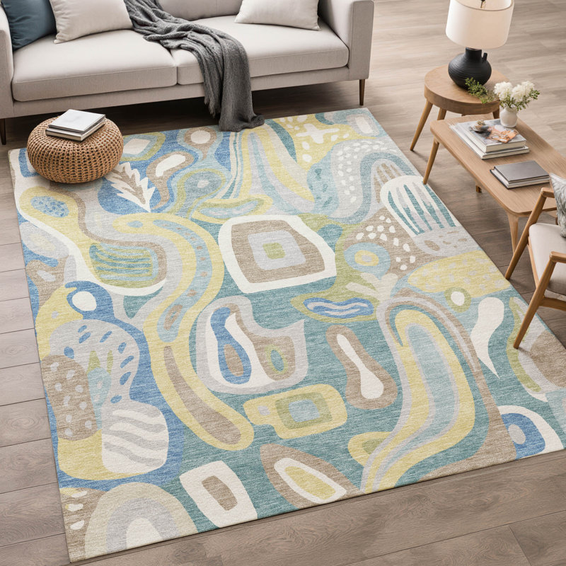 Tapis mid-century moderne lavable à la machine intérieur / extérieur Chantille ACN2488, Sarcelle, 5 pi x 7 pi 6 po
