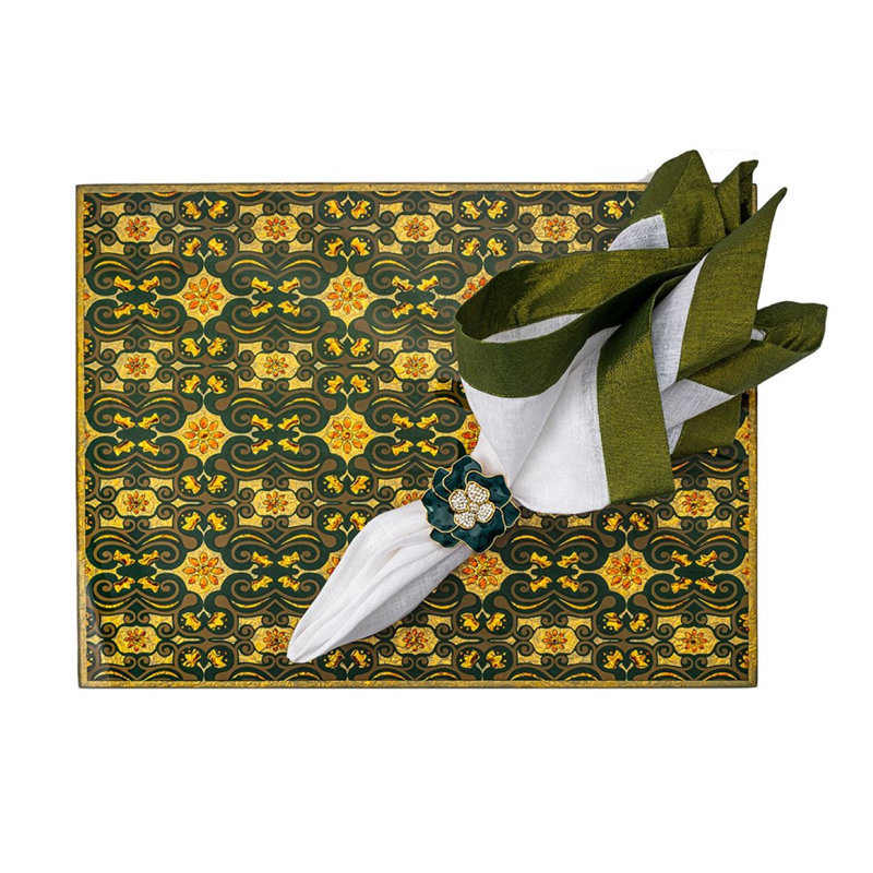 Shimmer Border Linen Napkin, White/Green