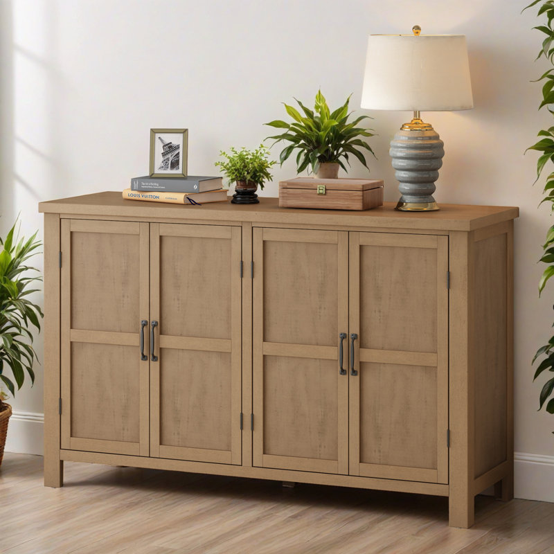 Buffet 51,0 po à 4 portes avec tablettes réglables, buffet en bois pour le salon et le vestibule, Naturel