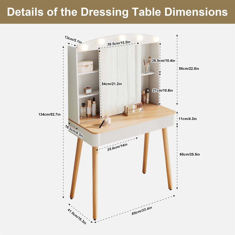 Small Vanity Desk With Sliding Mirror, Adjustable Lighting, And Big-Capacity Storage For Makeup And Accessories