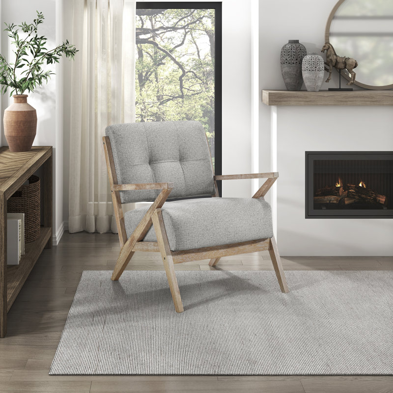 Edengrace 27.5" Mid-Century Modern Accent Chair with Textured Fabric Upholstery, Wire Brushed Antique Natural Finish, Foam over Pocket Coils