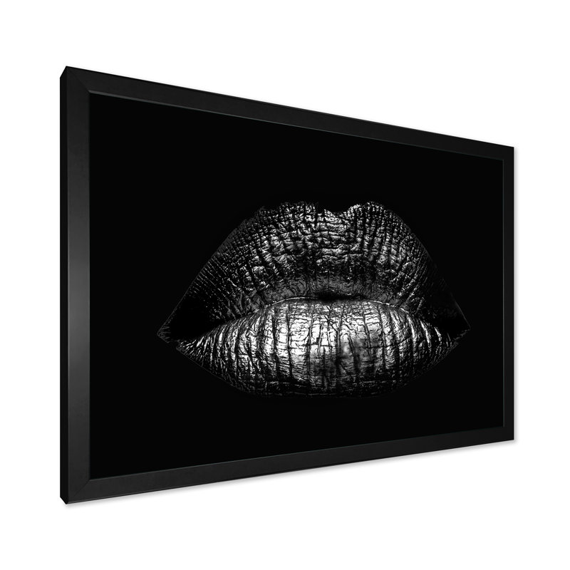 Lèvres féminines sexy dorées - photographie sur toile, H 24 po x l 32 po x P 1 po, Cadre photo noir