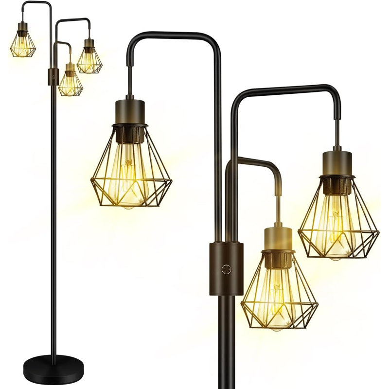 Boostarea Industrial Floor Lamp With Metal Diamond Lampshade, Modern 3-Light Stand Up Lamp For Bedroom, Living Room, Office, Kids Room, Reading, Corded Electric, Remote Control, LED Compatible