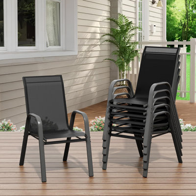 Ensemble de 6 chaises de patio empilables pour l'extérieur - toutes saisons avec textilène noir léger, dossier haut, accoudoirs, capacité de 140 kg pour le jardin, la piscine, la terrasse, la cour - revêtement thermolaqué noir et textilène noir 2 x 1, 6 pièces