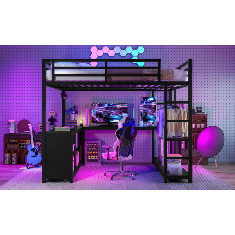 Grand lit mezzanine en métal noir avec rangement, design moderne noir