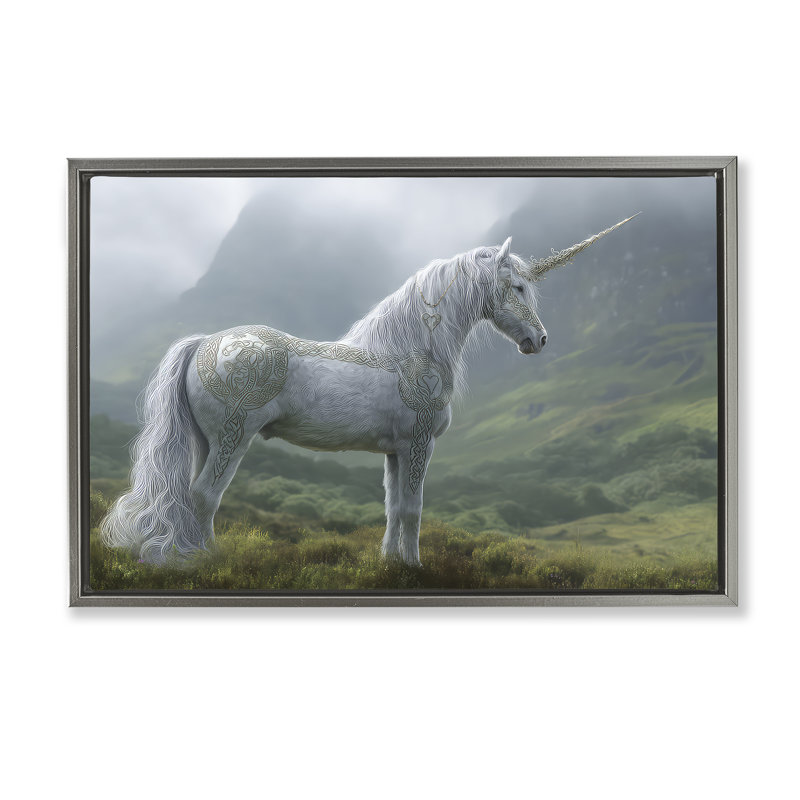 Cadre flottant élégant licorne celtique, design par The Wands Want, H 17 po x l 25 po, Cadre flottant gris lustré