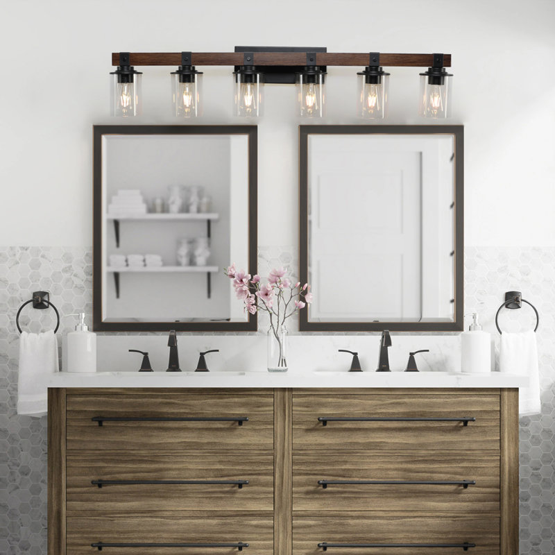 Applique murale de salle de bain 42 po à 6 lumières de style industriel 42 po avec abat-jour en verre et décor en bois rustique 42 po