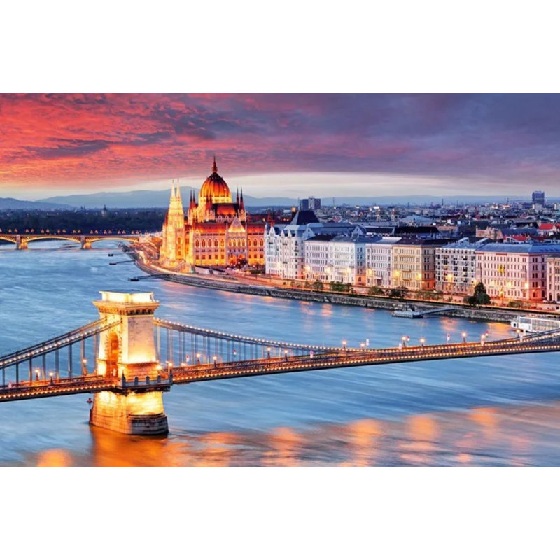 Murale de papier peint coucher de soleil sur la rivière du Parlement de Budapest, L 114 po x l 204 po