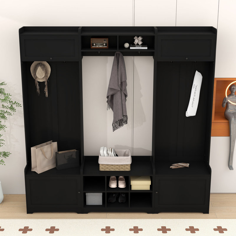 Arbre d'entrée classique avec armoires de rangement, 7 crochets, tablettes réglables et sièges pour le vestibule, Noir