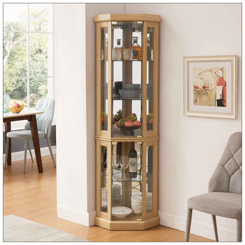 Lighted Corner Curio Cabinet - Display Case For Living Room, Antique Collectibles, Wine & Bar Glass Storage - Elegant Corner Design With Lights Included-OAK