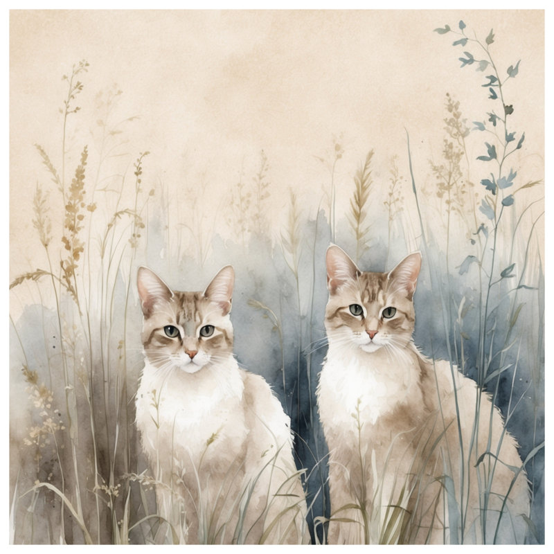 Tapisserie murale Deux chats dans l'herbe - Décoration murale chats, H 104 po x 88 avec 4 œillets