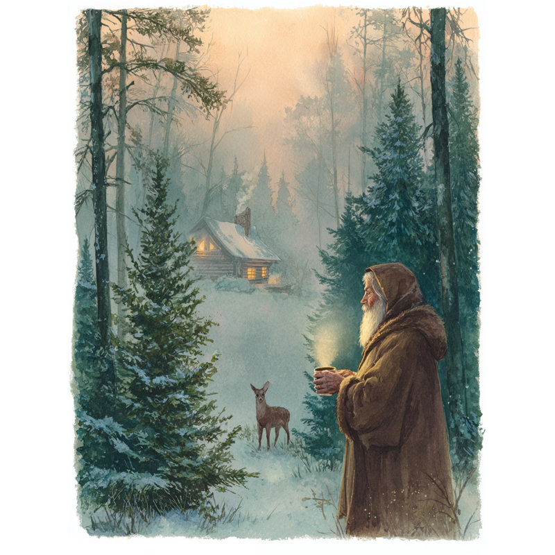«Santa Near Cozy Cabin at Dusk», art mural sur toile tendue