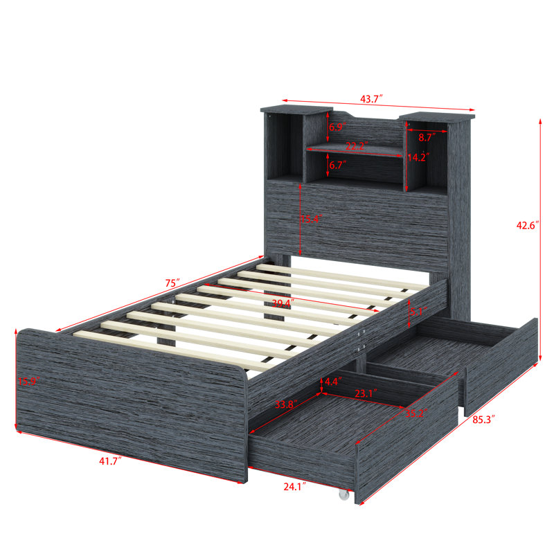 Danylle Twin Platform Bed Frame with 4 Open Shelves, 2 Storage Drawers and LED Light, Gray