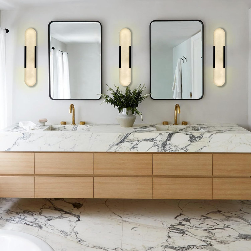 Upgraded 19.7'' Natural LED Alabaster Wall Sconces (Set of 2), Matte Black