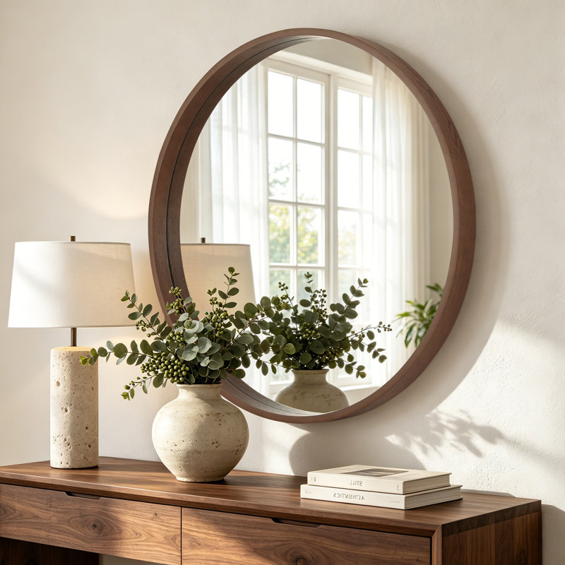 Round Wood Frame Wall Mirror – 2.5-inch Thick Frame, 36" x 36", Walnut
