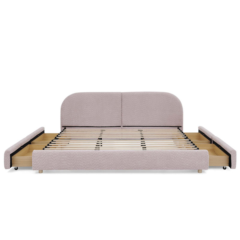 Base de lit tapissier Westcott avec tête de lit courbée et rangement pour tiroir, Grand lit, Rose, Tiroirs inclus