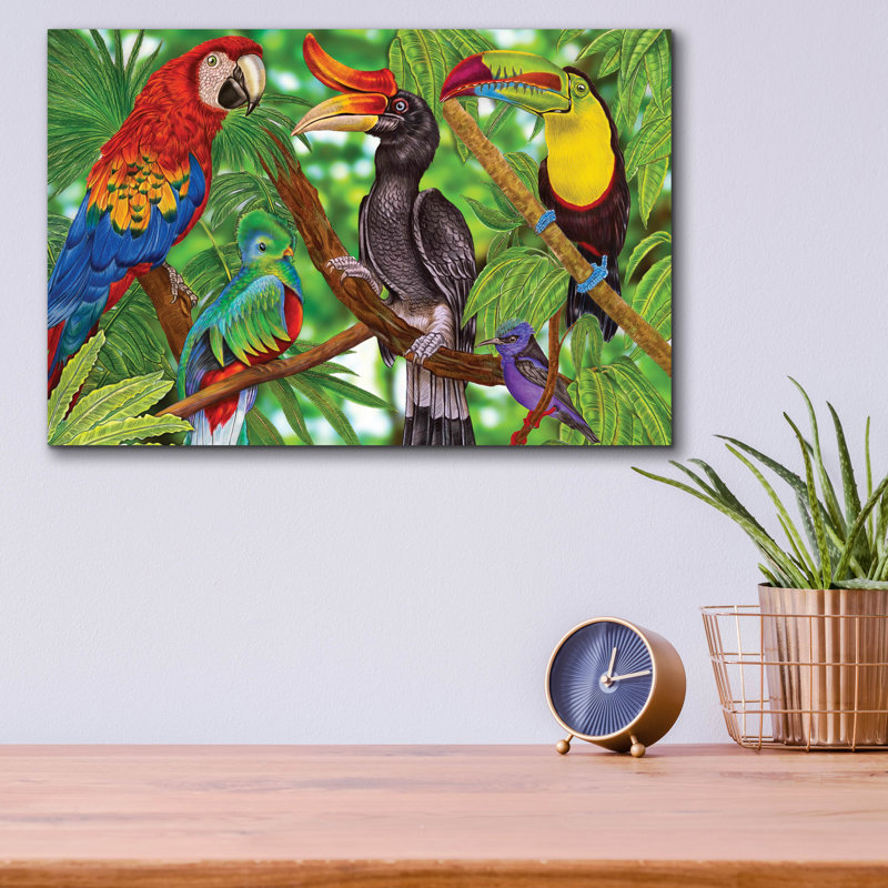 «Rainforest Birds» par Tim Jeffs, art mural acrylique, 16 po x 12 po