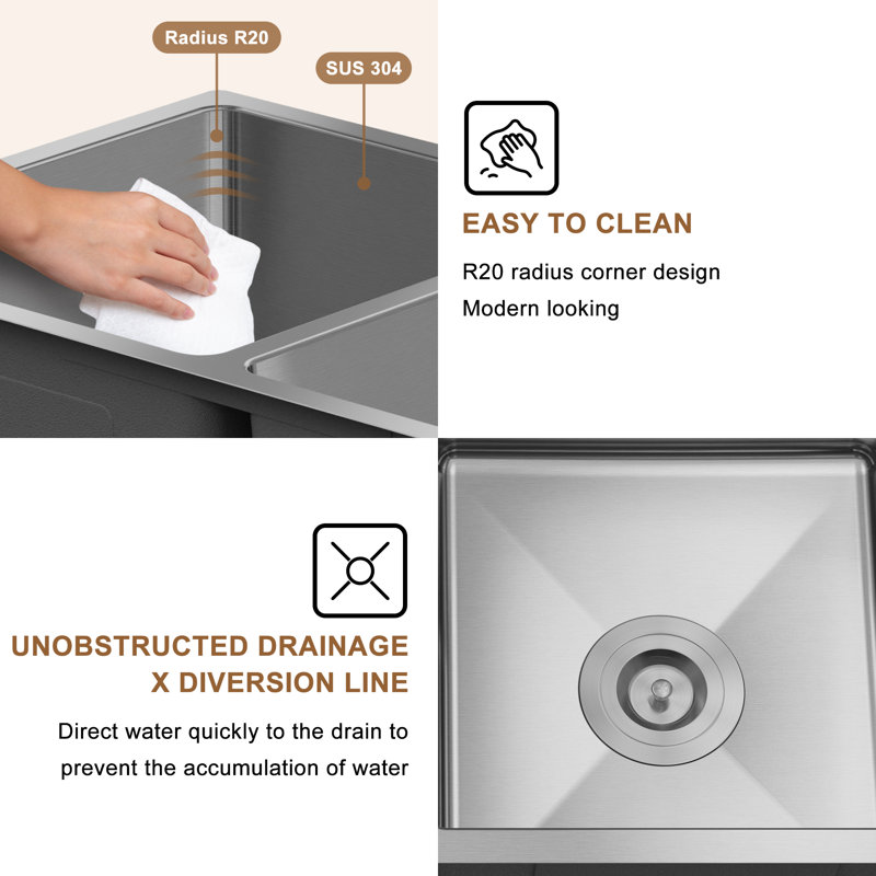 31'' Brushed Stainless Steel Double Bowl Undermount Kitchen Sink