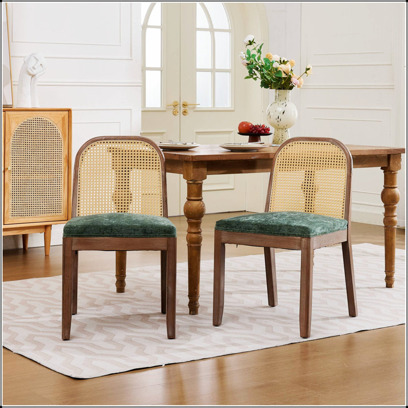 Set of Two Curved Cane Back Dining Chairs with Chenille Cushions and Solid Wood Frames for Farmhouse Kitchens