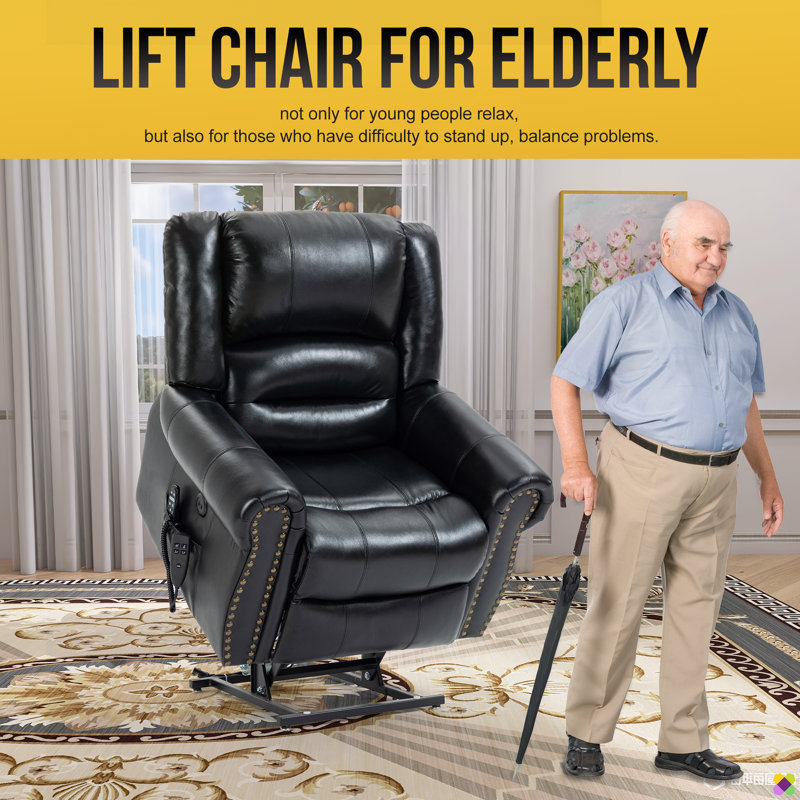 Annettia Oversize 40.15" W 180° Flat Lay Lift Power Recliner, Genuine Leather Match Massage Heater, Black Leather Match