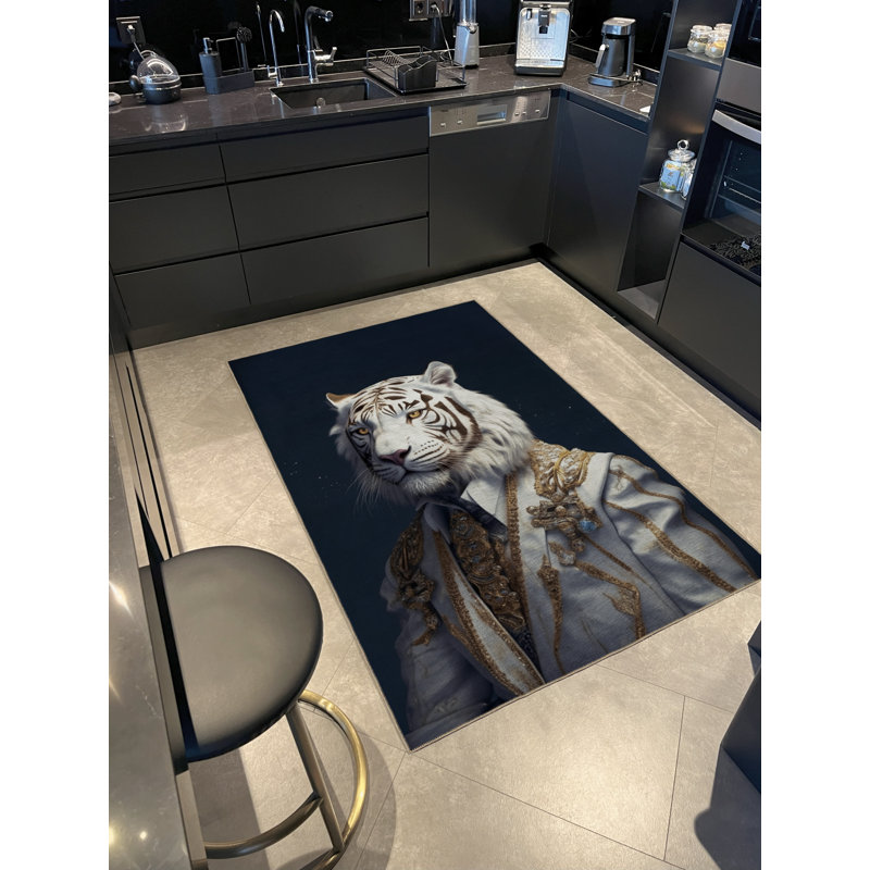 Tapis décoratif moderne à motif de tigre noble à minuit bleu, Rectangle 4 pi 11,06 po x 7 pi 6,55 po