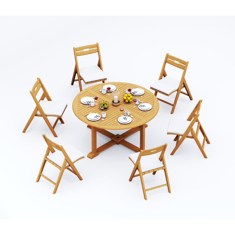 Ensemble de salle à manger 5 pièces en bois de teck de qualité A: table ronde de 60 po et 4 chaises Bormann inclinables et pliantes # 11SL1204