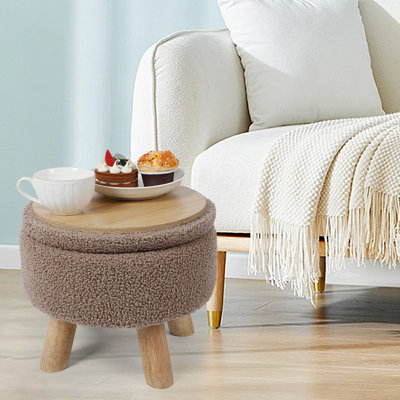 Round Storage Ottoman With Teddy Fleece Upholstery, Beige - Multi-Functional Foot Stool With Wooden Legs & Hidden Storage For Living Room, Bedroom