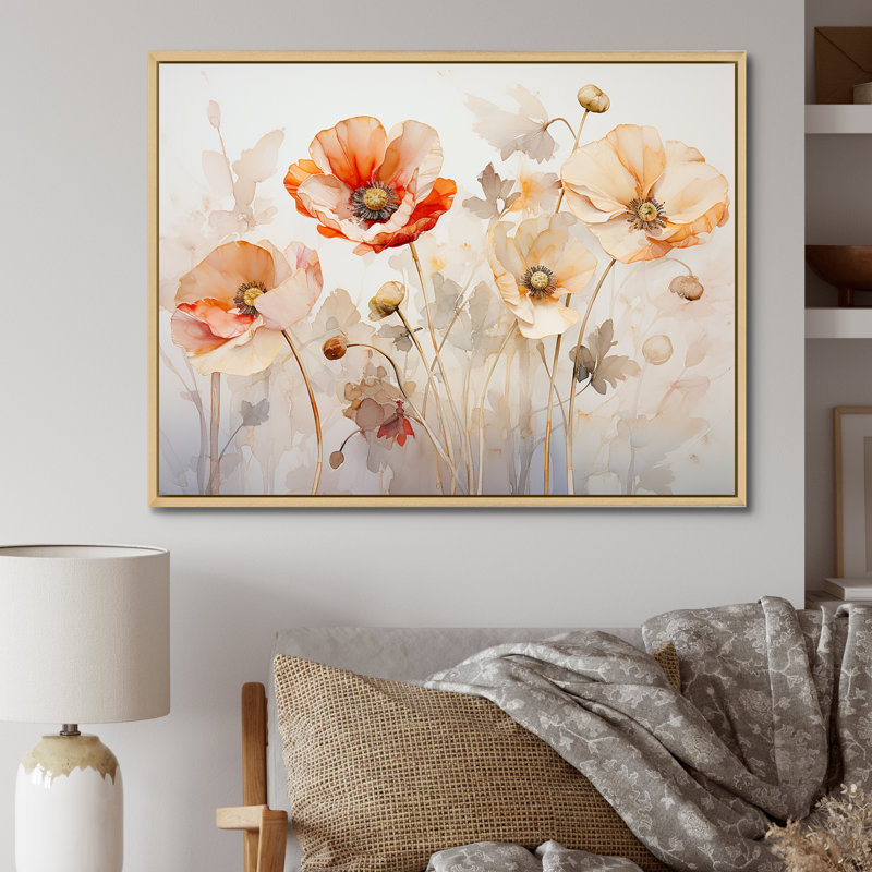Beige, coquelicot, pré, mélodie IV, Cadre naturel flottant, H 34 po x l 44 po