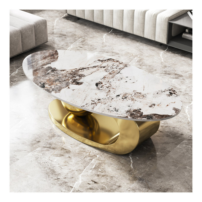 Table basse ovale en faux marbre pour salon avec base en acier inoxydable, Gold, Brown/White