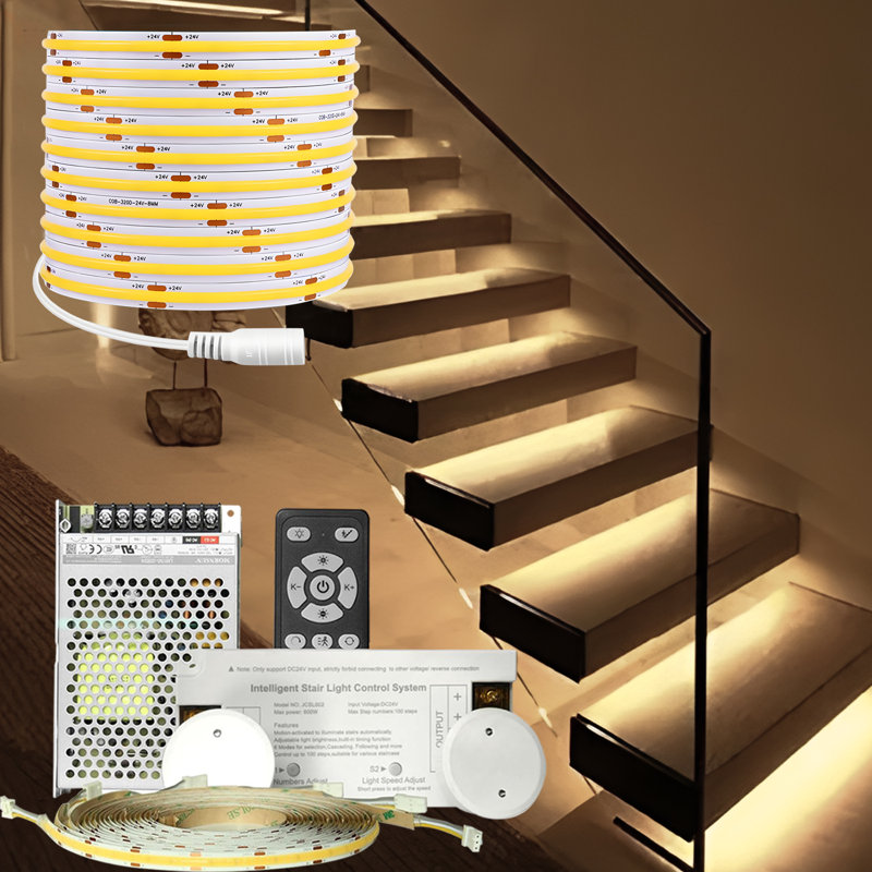 LED Smart Motion-Activated Stair Light with Remote Controlled Motion LED Step Light LED, Stair Lighting Adjustable Brightness Light Speed Steps Number(24Steps,2700-6500k)