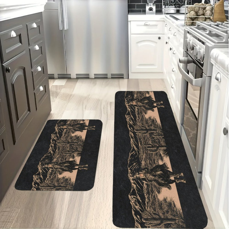 Western Cowboy Desert Print Kitchen Mats for Kitchen & Rustic Decor, Black Beige 2 Pack