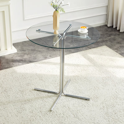 Round glass bar high table, 36 “ round bar table, tempered glass tabletop, sturdy silver chrome plated four column support, suitable for transparent round bar tables in small spaces.