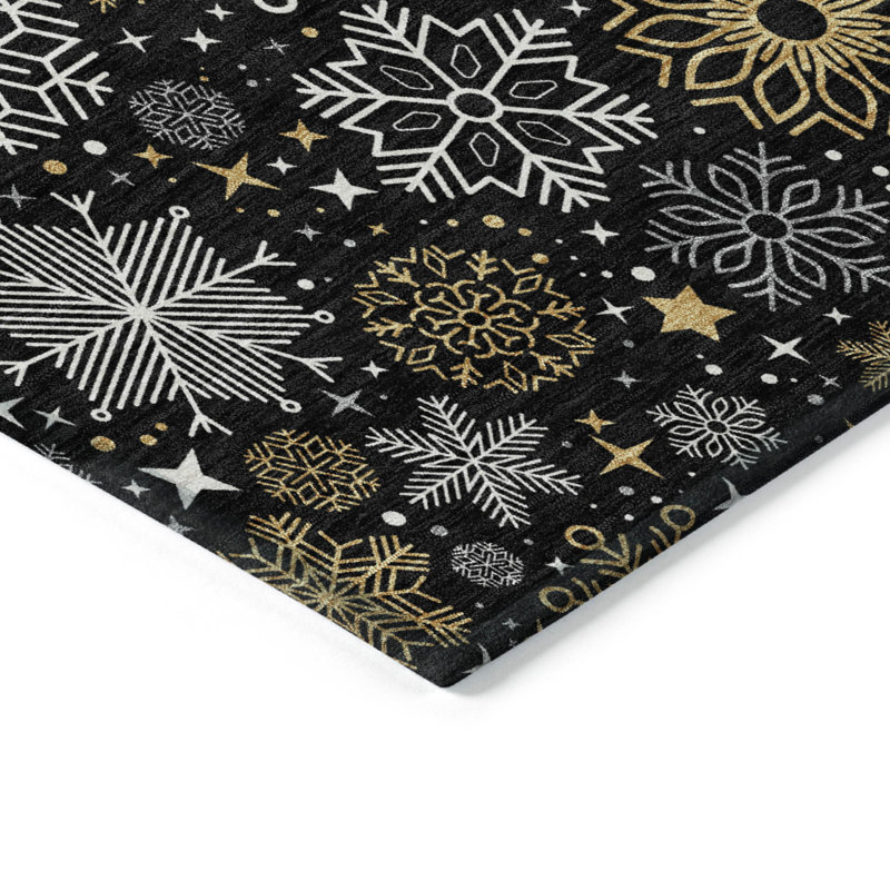 Tapis noir de Noël flocon de neige lavable à la machine intérieur / extérieur Xhevrie, Rectangle 10 pi x 14 pi
