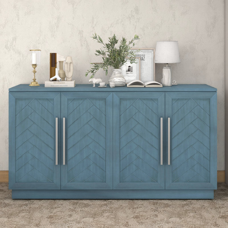 60" Sideboard – Silver Handles, Adjustable Shelves, Dining/Kitchen Storage, Blue