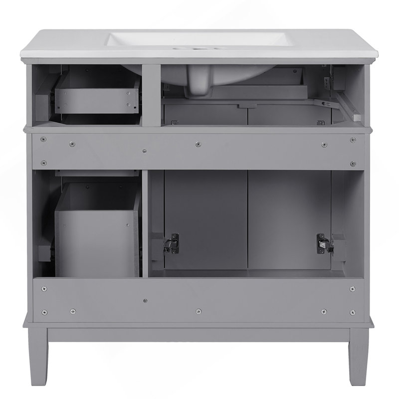 36" Gray Modern Bathroom Vanity With Ceramic Sink, Soft Close Doors, 4 Drawers For Storage, Elegant Design For Small Bathrooms