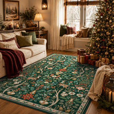  Tapis lavable rétro de Noël avec cerf Woodland, tapis décoratif à poils courts pour la cuisine du salon, de l'entrée et du salon