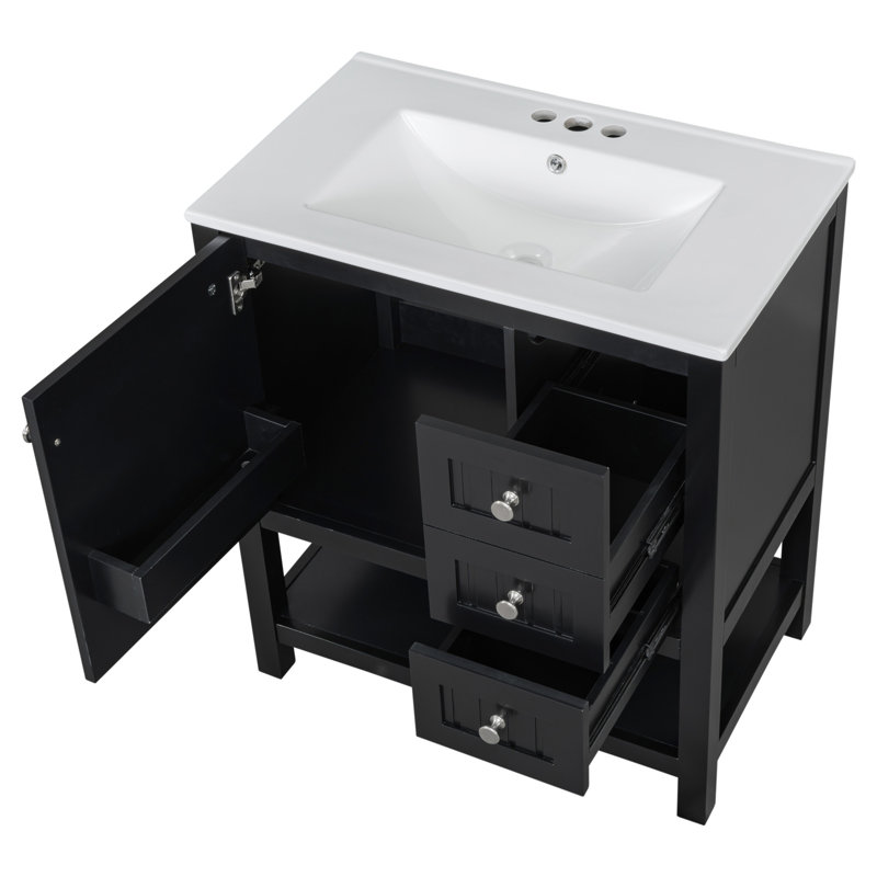 Meuble-lavabo transitionnel de 30 pouces avec lavabo en céramique et porte à fermeture en douceur, parfait pour les solutions de rangement élégantes