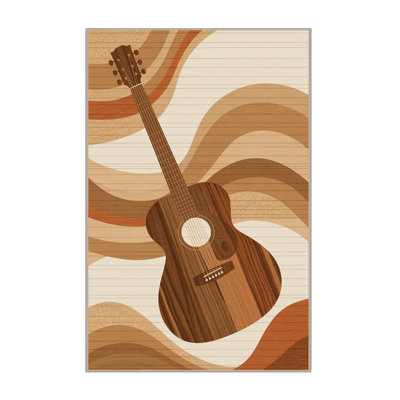 Machine Washable Pacen Guitar Modern & Contemporary Wood & Shiplap Rug in Brown – Beige Binding