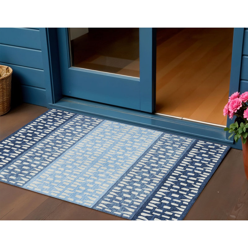 3' X 5' Blue Sky Blue And Ivory Geometric Washable Indoor Outdoor Area Rug